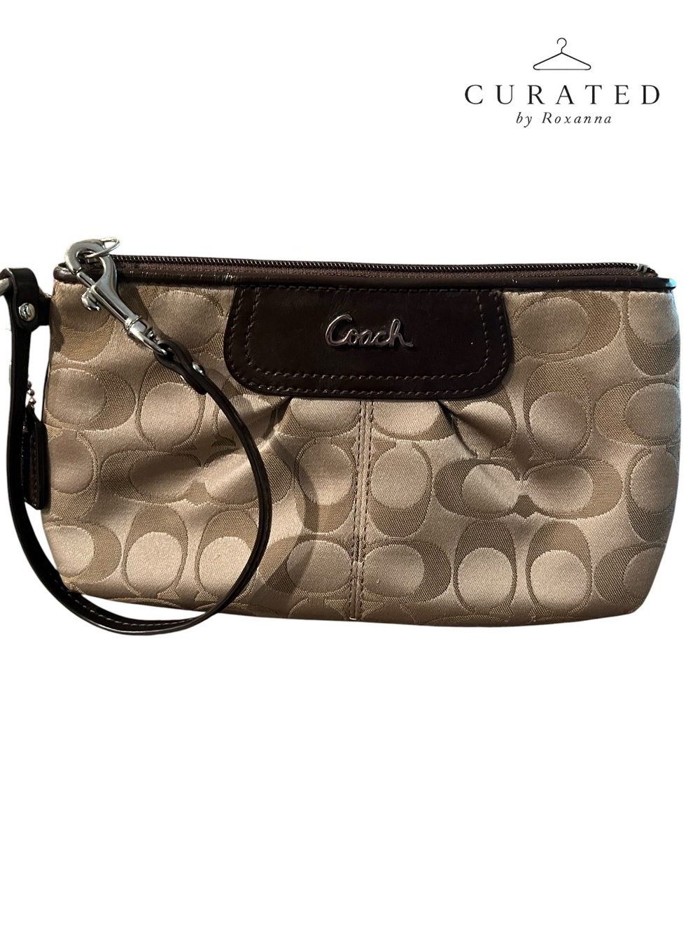 Coach Signature Canvas Wristlet Wallet Brown Khaki Lavender Lining Zip Pouch
